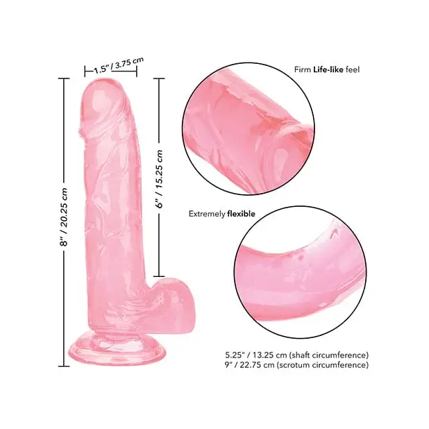 Pink silicone Size Queen 6’ dildo with measurements and feature callouts