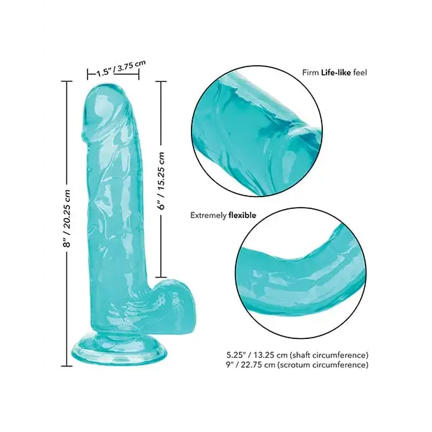 Teal silicone 6-inch Size Queen dildo with measurements and feature callouts