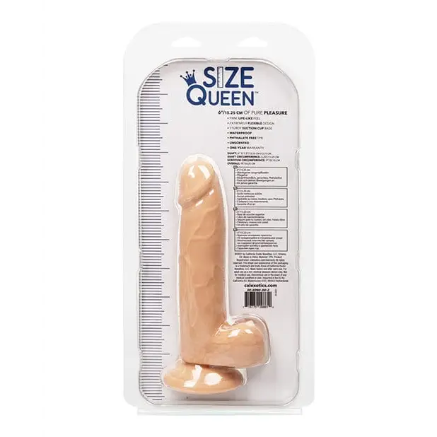 Size Queen 6’ Dildo: Flesh-colored adult toy with measurement scale in plastic packaging