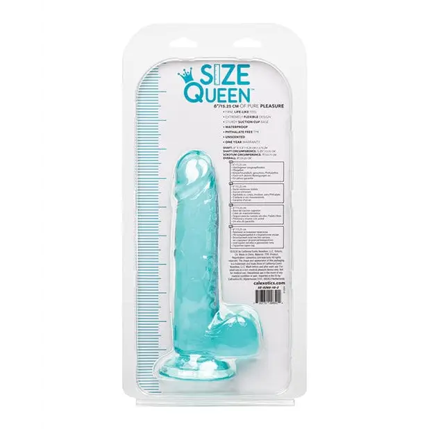 Size Queen 6’ Dildo: Turquoise silicone adult toy, phallic shape, clear plastic packaging