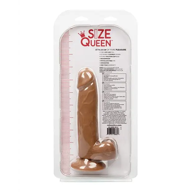 Size Queen 6’ Dildo: Flesh-colored, phallic shape in plastic packaging