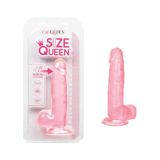 Pink silicone Size Queen 6’ dildo with suction base in packaging