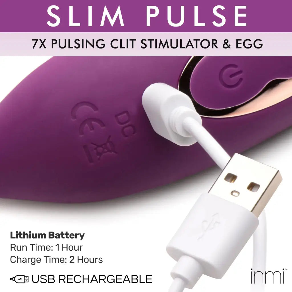 Slim Pulse 7x: Purple Silicone Clit Stimulator and Vibrating Egg with USB Charging