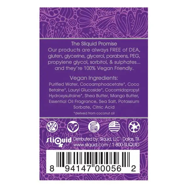 Label of Sliquid Balance Soak Bubble Bath with purple background and floral design