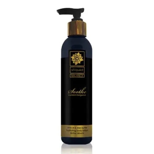 Dark Blue Bottle of Sliquid Balance Soothe Mandarin Bergamot Body Lotion with Gold Pump