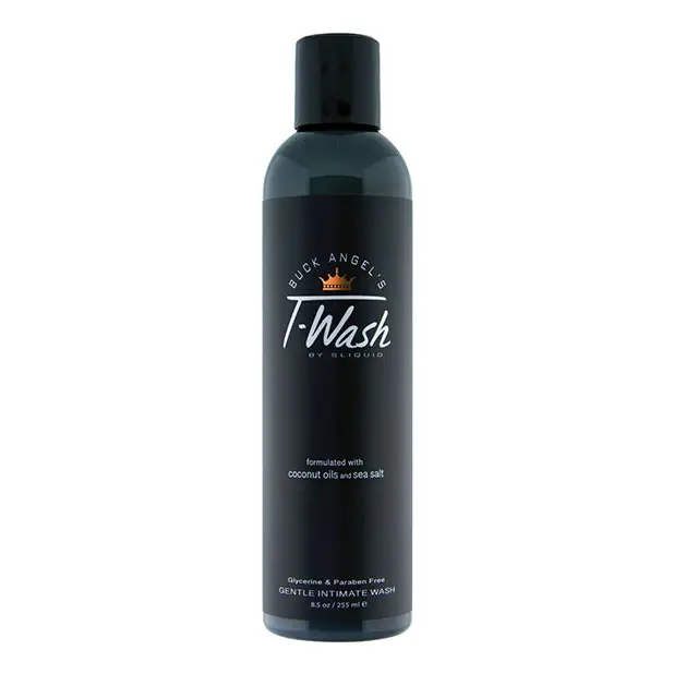 Black bottle of Buck Angel’s T-Wash intimate cleanser by Slick Angels - 8.5 Oz