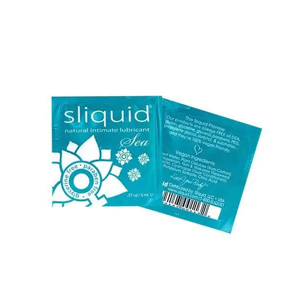 Packet of Sliquid Natural Sea Water Based Intimate Lubricant with label displayed