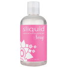 Bottle of Sliquid Sassy water-based anal lubricant with pink liquid and white flowers