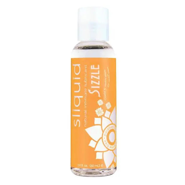 Bottle of Sliquid Sizzle Warming Water-Based Lubricant with orange and white liquid