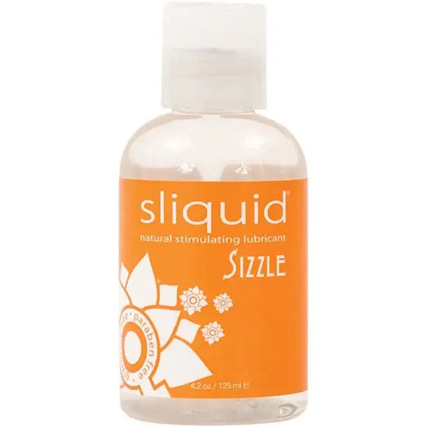 Close-up of Sliquid Sizzle Warming Water-Based Lubricant with white cap