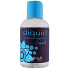 A bottle of Sliquid Swirld water-based, sugar derivative-free flavored lubricant with a blue cap