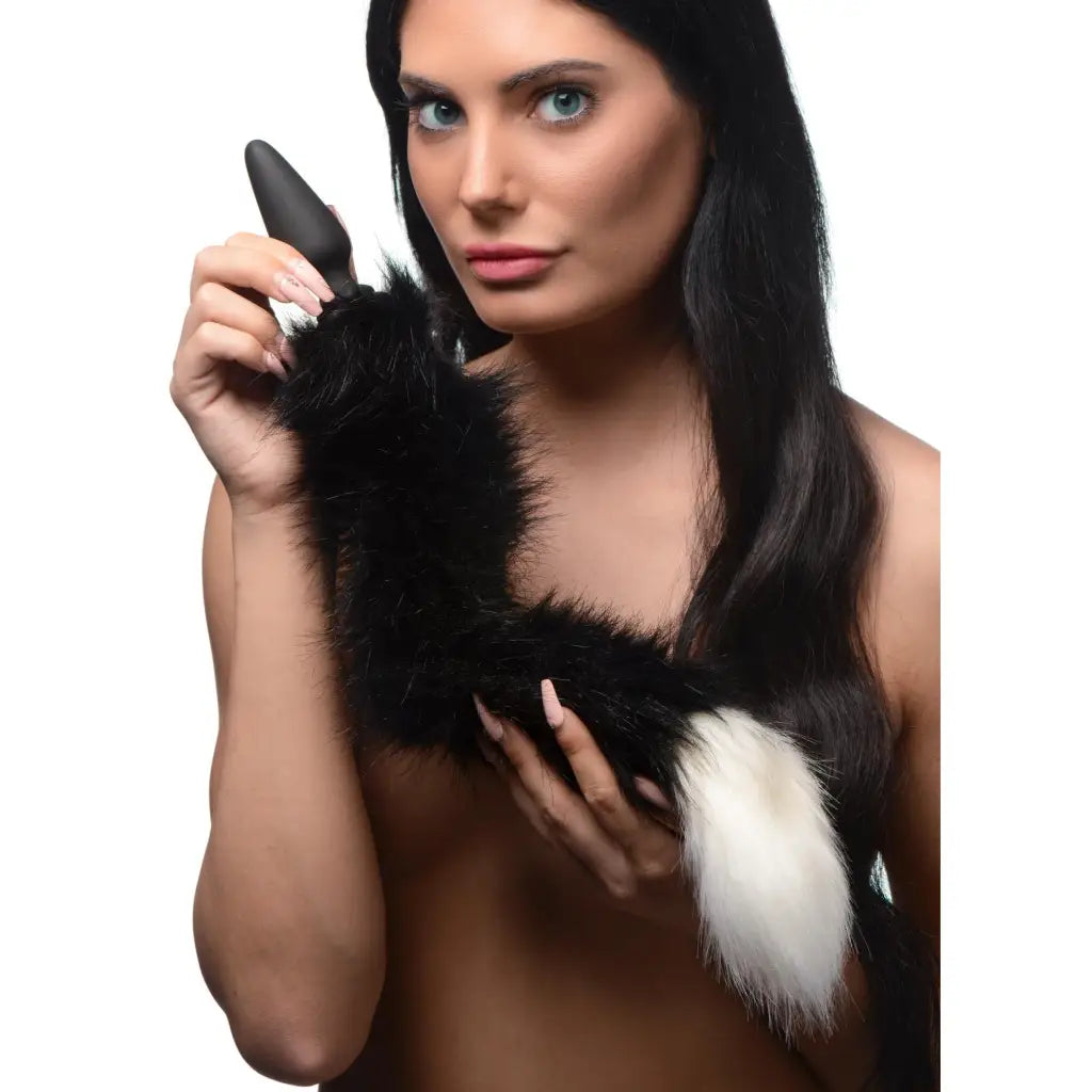 Small Anal Plug with Fluffy Black Plug and White Faux Fur Interchangeable Fox Tail