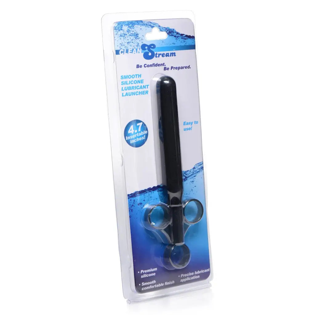 Black smooth silicone lubricant launcher with spherical end in retail packaging