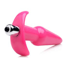 Bright pink smooth vibrating anal plug with curved shape and metallic accent