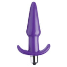 Purple silicone smooth vibrating anal plug with flared base and metal attachment point