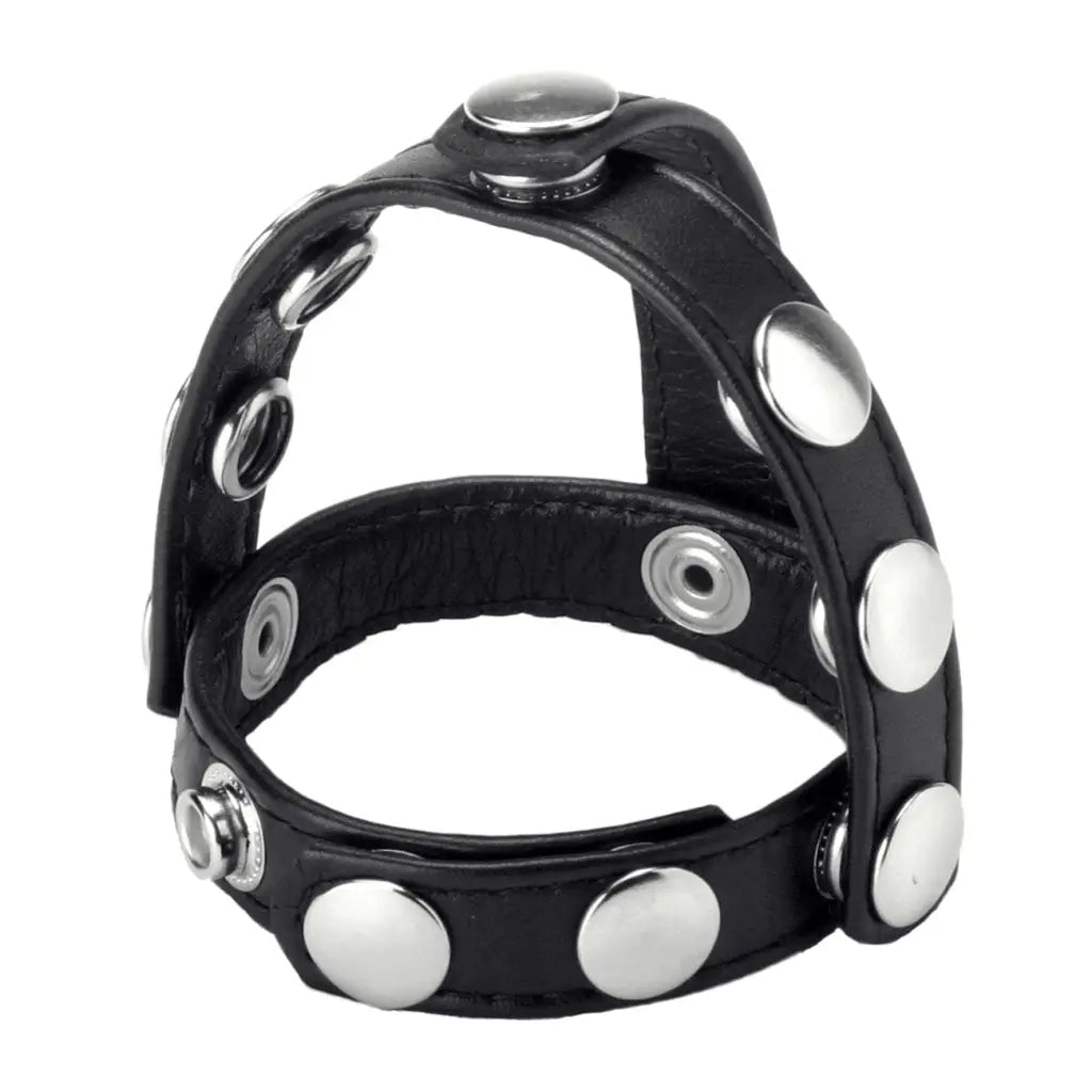 Black leather ball harness bracelet with silver studs from Snap-on Cock And Ball Harness