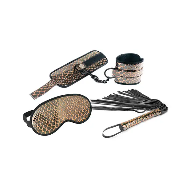 Spartacus Faux Leather Wrist Restraints Blindfold & Flogger Bondage Kit - Gold - Bondage Kit