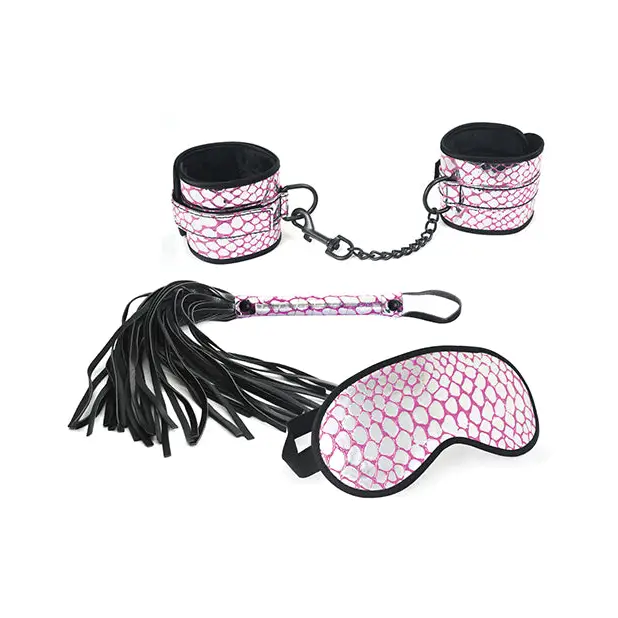 Spartacus Faux Leather Wrist Restraints Blindfold & Flogger Bondage Kit - Pink - Bondage Kit