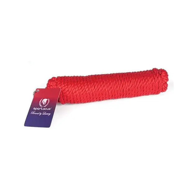 Red braided Spartacus VeganFetish Nylon Bondage Rope with attached product tag