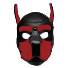 Red and black Spike Neoprene Puppy Hood with leather mask and horns, perfect for role play