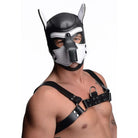 Man wearing Spike Neoprene Puppy Hood, black leather mask with a white face