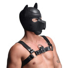 Man wearing Spike Neoprene Puppy Hood, a black leather mask with a muzzle for puppy play