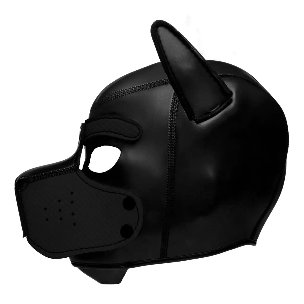 Spike Neoprene Puppy Hood: Black leather mask with muzzle for puppy play enthusiasts