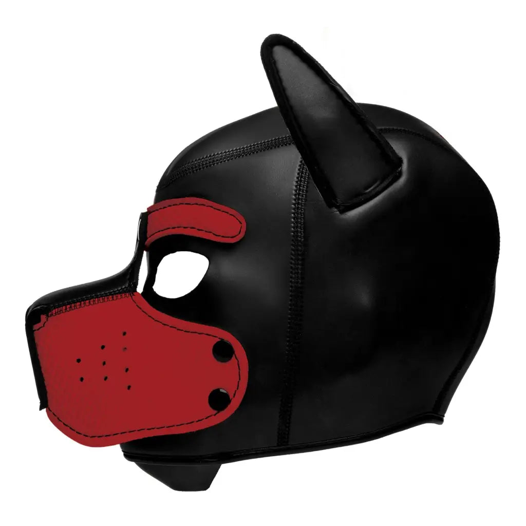 Spike Neoprene Puppy Hood: Black leather mask with red nose for playful pup role-playing