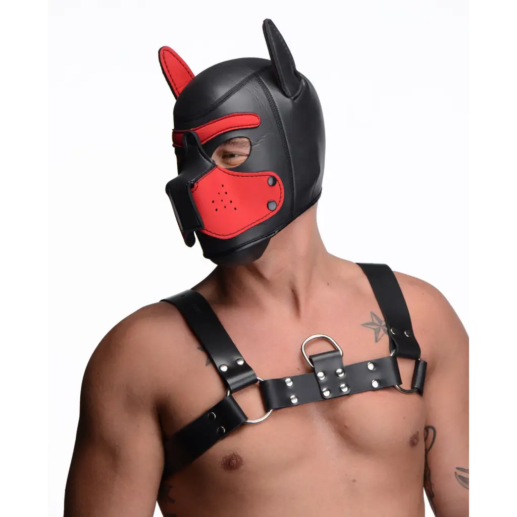 A man wearing the Spike Neoprene Puppy Hood with a red muzzle and leather mask