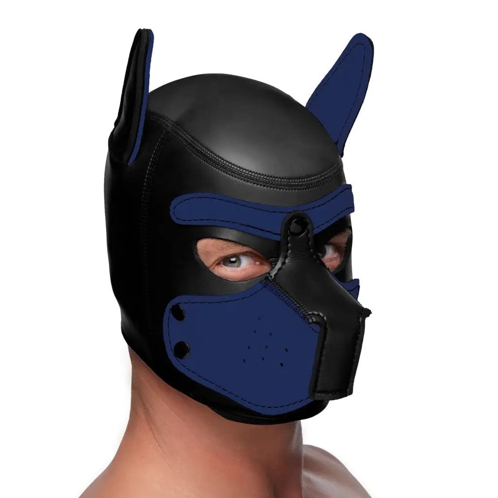 Man wearing a Spike Neoprene Puppy Hood with Batman mask and black face