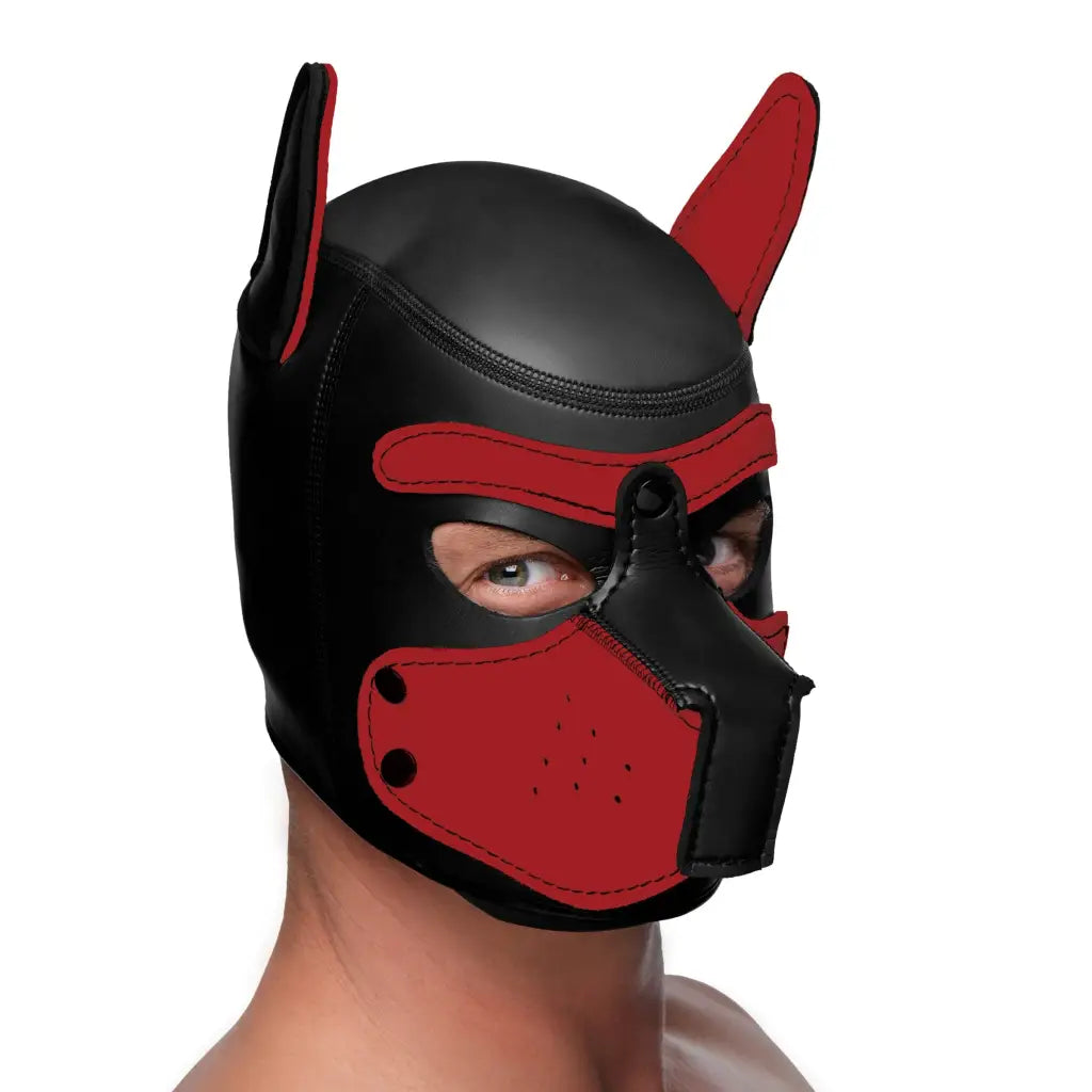 A man wearing a red and black Spike Neoprene Puppy Hood