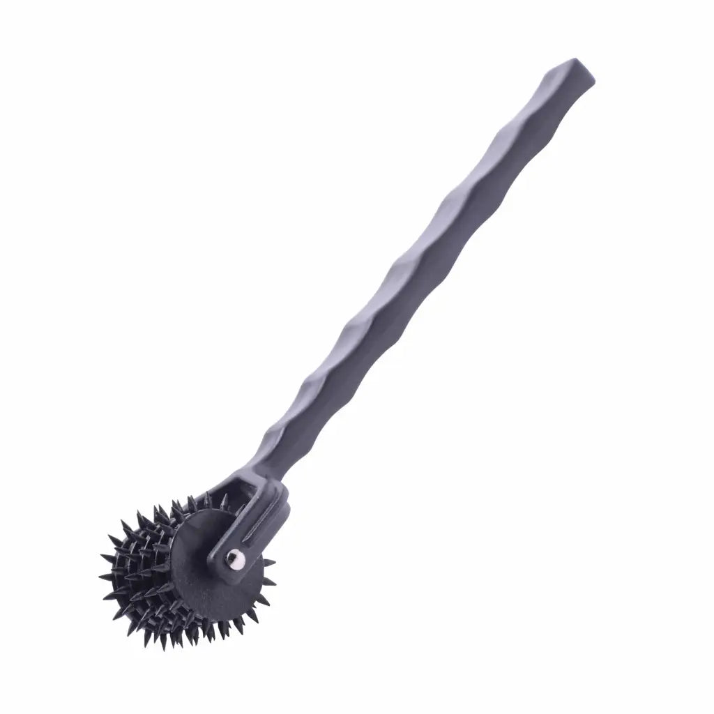 Spiked 5 Row Pinwheel massage tool with a long gray handle for muscle relief