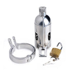 Spiked Chamber Chastity Cage product image with a bottle and key on a white background