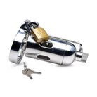 Chrome exhaust pipe with key on Spiked Chamber Chastity Cage for ultimate security