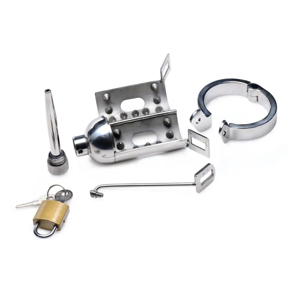 Lock and key for Spiked Chamber Chastity Cage on a white background