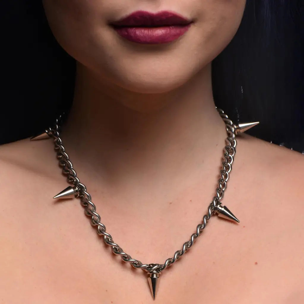 Spiked Punk Necklace: Stainless Steel Chain with Red Lipstick - Edgy Fashion Accessory