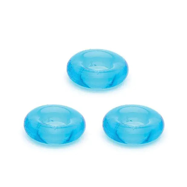 Three blue Sport Fucker Chubby Cockrings displayed in a pack of 3