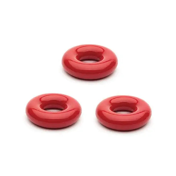 Three red plastic rings from the Sport Fucker Chubby Cockring Pack of 3 on a white background