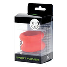 Red silicone muscle ball stretcher packaged in a clear plastic box with black accents