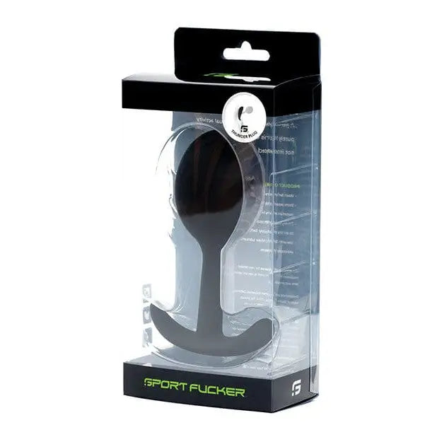 Clear packaging of the Sport Fucker Thunder Plug, showcasing the black sex toy securely