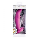 Close-up of pink silicone G-spot dildo from Sportsheets Merge Collection in packaging