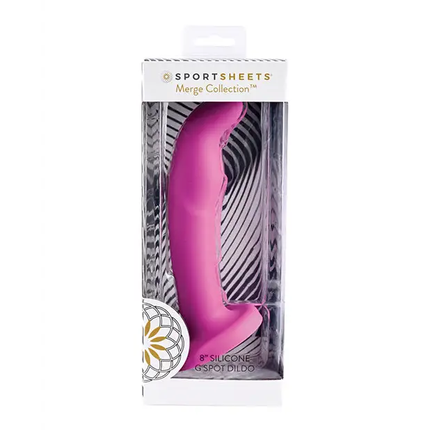 Close-up of pink silicone G-spot dildo from Sportsheets Merge Collection in packaging