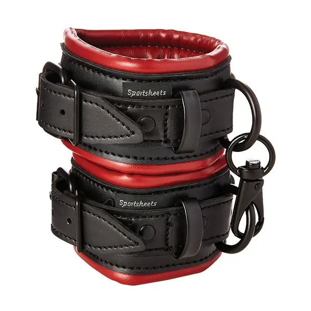 Sportsheets Saffron Adjustable black and red leather wrist/ankle restraints with metal rings