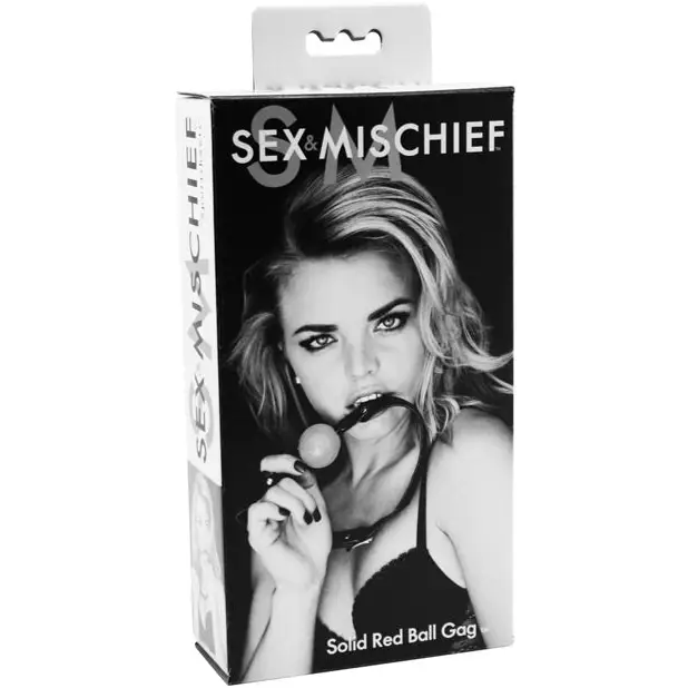 Sportsheets Sex & Mischief red solid ball gag packaging featuring a woman in black and white