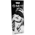 Product packaging of Sportsheets Sex & Mischief Satin Blindfold with model wearing it