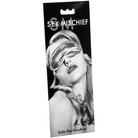 Sportsheets Sex & Mischief Satin Blindfold Red with woman in black and white wearing blindfold