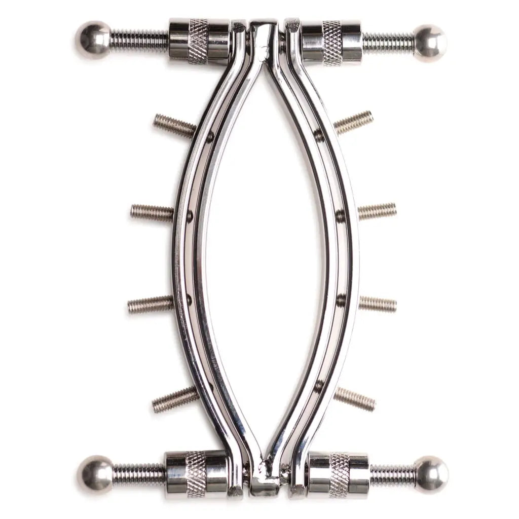 Master Series Leatherr Spread Em Stainless Steel Poker Labia Clamp With Adjustable Pressure Screws at the Haus of Shag