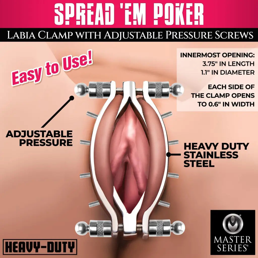 Master Series Leatherr Spread Em Stainless Steel Poker Labia Clamp With Adjustable Pressure Screws at the Haus of Shag