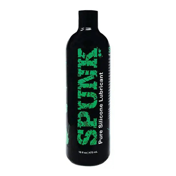 Pure silicone SPUNK lube in a black bottle with green text, labeled as SPUNK Pure Silicone Lube