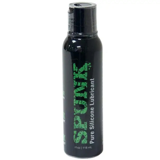 Black bottle of SPUNK Pure Silicone Lube with green text, pure silicone formula